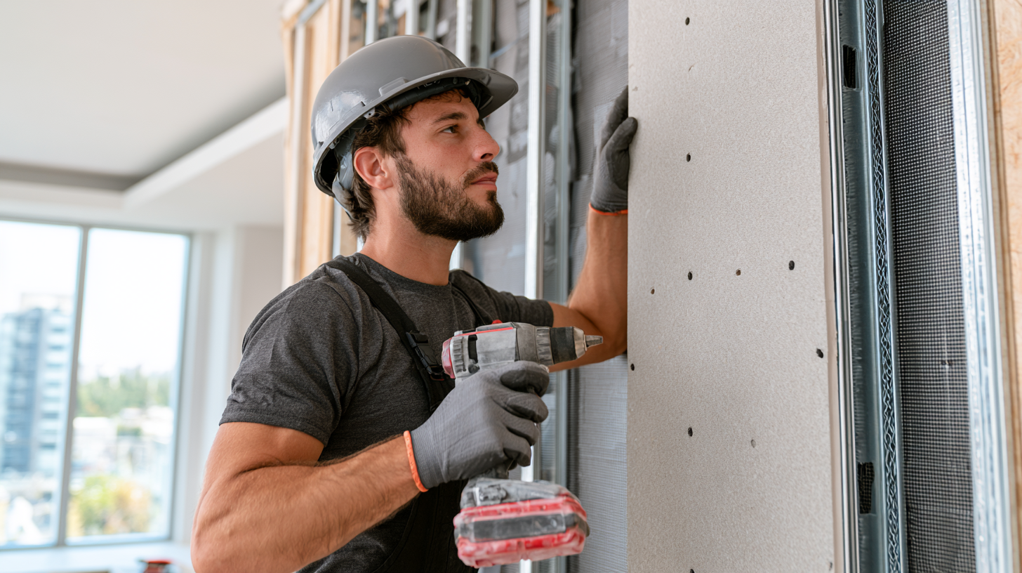 Worker installing soundproofing drywall on a condo wall